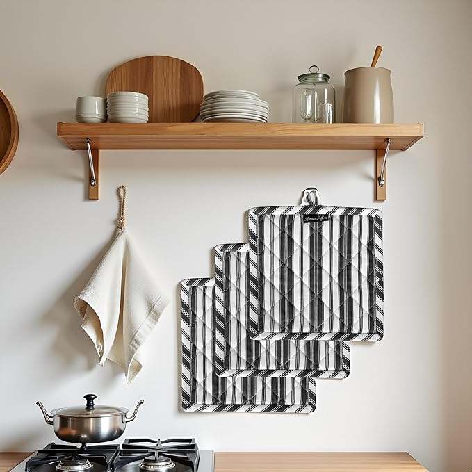 AMOUR INFINI Double Stripe Pot Holders Heat Resistant Cotton Set of 3 Nonslip 8"x8" Inch Hot Pads for Kitchen, BBQ, Baking & Cooking with Hanging Loops (Charcoal)