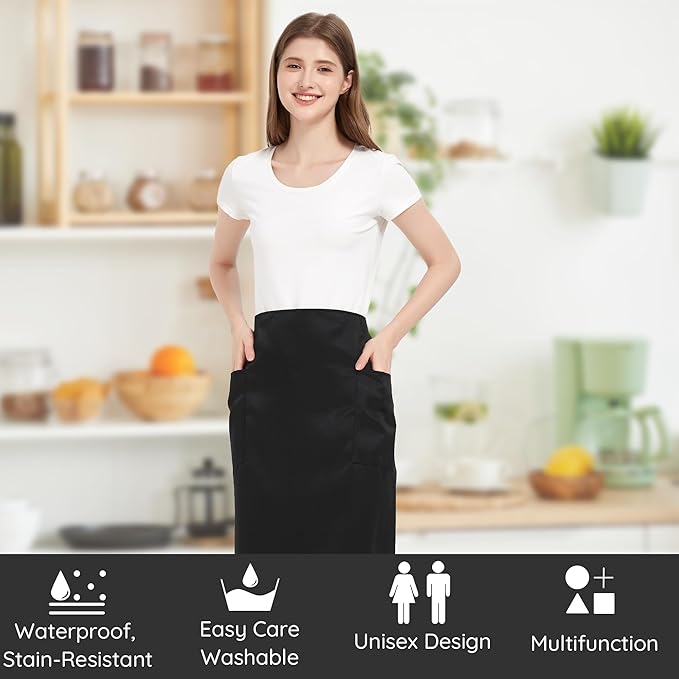3 Pack Waist Apron with 3 Pockets, Unisex Black Waiter Aprons, Water Resistant Server Aprons for Restaurant Chef Bar