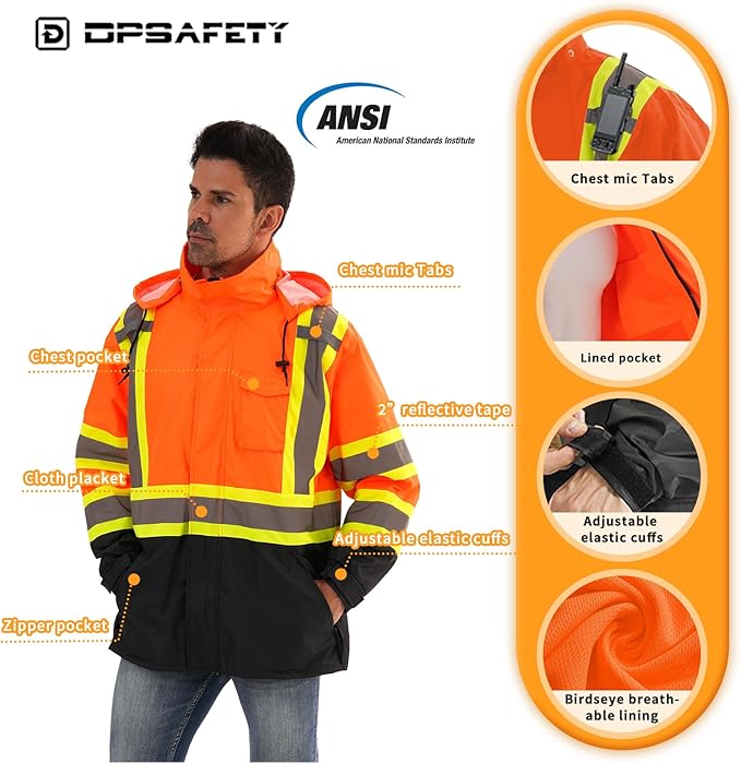 Reflective Rain jackets for men waterproof,Hi Vis Safety Coat With Reflective Strips，High Visibility Class 3 Rain jackets With 2 large pockets，Zipper,Orange,4XL/5XL