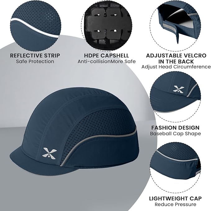 TIHEEN Unisex Safety Bump Cap, Baseball Hat Style with Reflective Stripes Lightweight and Breathable Hard Hat Head Protection Cap