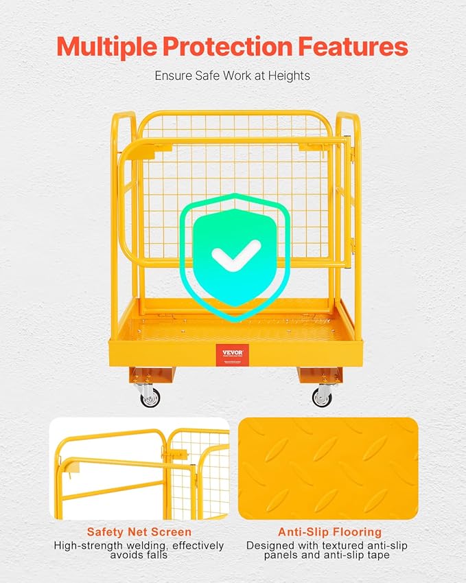 VEVOR Forklift Safety Cage, 36 x 36 Inches Foldable Forklift Work Platform of 1200 lbs Load Capacity with Lockable Swivel Wheels, Drain Hole & Device Chain, Holds 1 to 2 Adults, Ideal for Aerial Work