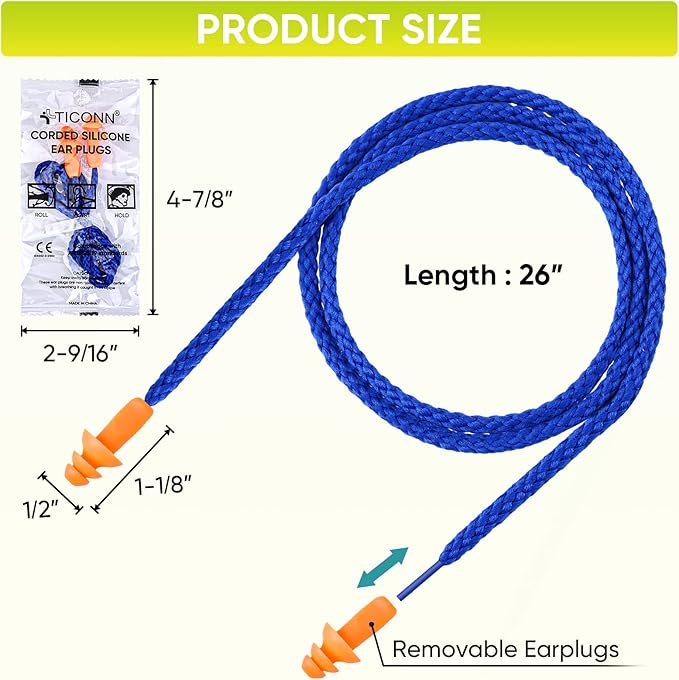TICONN 100 Pairs Reusable Silicone Ear Plugs for Sleeping Noise Cancelling, 25dB NRR Corded Earplugs for Study Concentration Travel (100 Pairs)