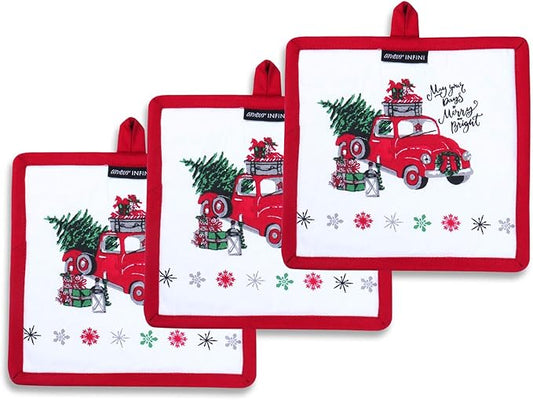 AMOUR INFINI Heat Resistant Pot Holders 100% Cotton Set of 3 Unique Merry Christmas Design 8x8 Inches|Nonslip Hot Pads for Kitchen Baking Cooking Outdoor BBQ Party|Thanksgiving Christmas Festive Gift