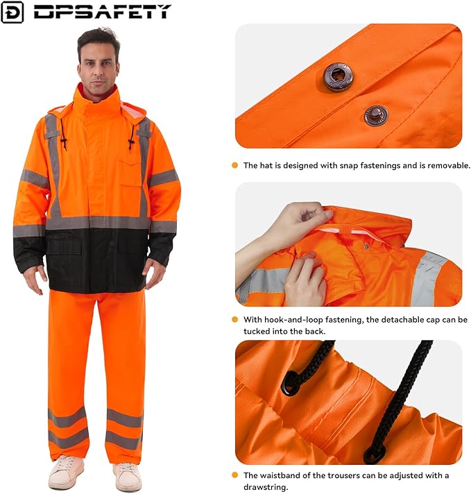 Hi Vis Safety rain Jacket，Reflective Class 3 Rain coat with Inner Mesh Lining and Pockets High Visibility Waterproof work Rain Suits for men&women（Tangerine,SM/MD）