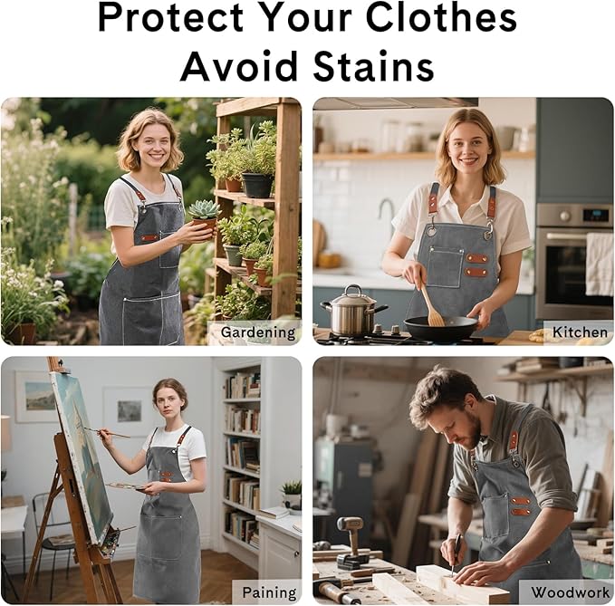 Chef Aprons for Women Men with Large Pockets, Polyester cotton hick canvas Waterproof Work Aprons,Adjustable Straps
