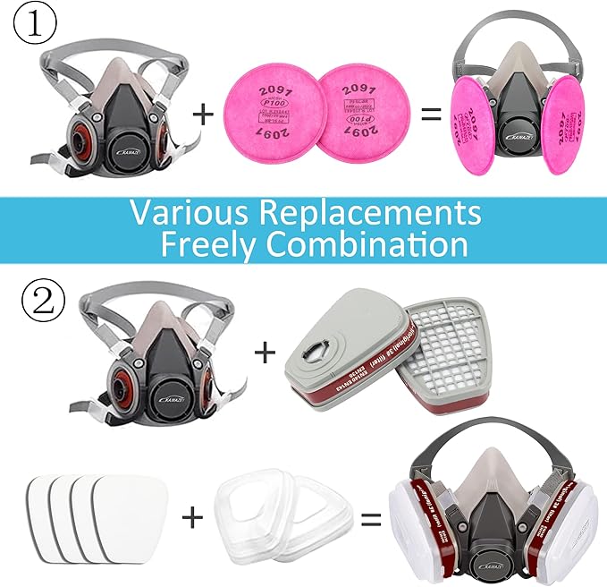 Medium Reusable Half Facepiece Respirator with 2091 Filter, 6001 Cartridge, 6200 Replacement Shield for Painting, Sanding, Polishing, Welding, Woodworking - 13 in 1 Set with English Manual