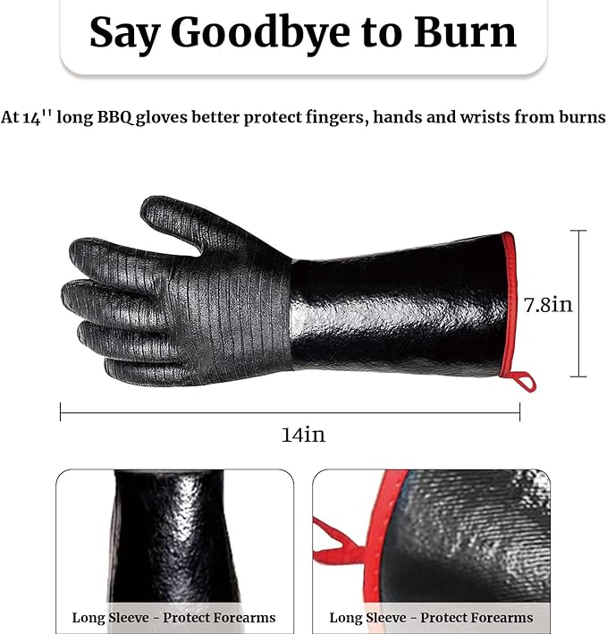 BBQ Grill Gloves, 932°F Heat Resistant Grilling Gloves 14in Waterproof Long Sleeve Barbecue Gloves for Fryer Turkey Baking Smoker Rotisserie BPA-Free