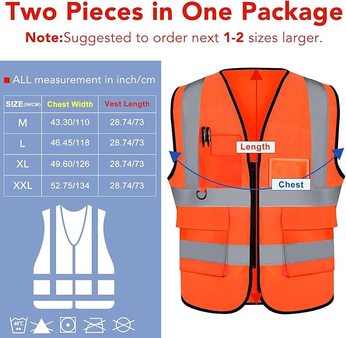 XPCARE 2-Pack Hi Vis Reflective Safety Vest with Pockets,High Reflective Strips Zipper Work Vest for Men and Women,Orange(XX-Large)