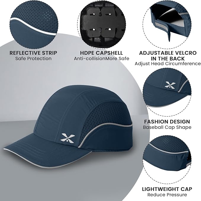 TIHEEN Unisex Safety Bump Cap, Baseball Hat Style with Reflective Stripes Lightweight and Breathable Hard Hat Head Protection Cap