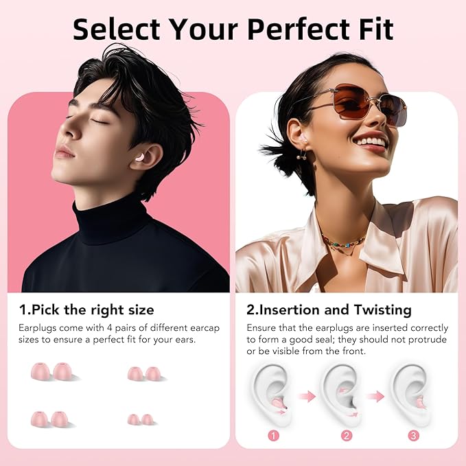 Ear Plugs for Sleeping Noise Cancelling, 45dB for Noise Reduction, Noise-Reducing Earplugs for Sleeping, Concerts, Shooting, Travel, Work, Silicone Hearing Protection Earplugs with Case, Rose