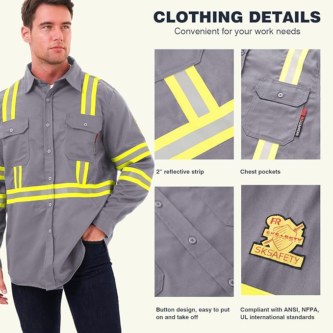 SKSAFETY 7oz FR Shirts for Men, Welding Shirt Hi Vis Flame Resistant 100% Cotton Fire Retardant Longsleeve Shirt CAT2/NFPA