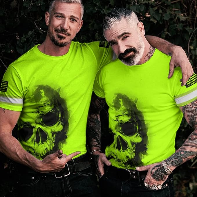Matedecor Skull High Visibility Shirt Men Reflective Safety Shirts US Flag Custom Name Workwear, Runners, Walkers, Patriotic
