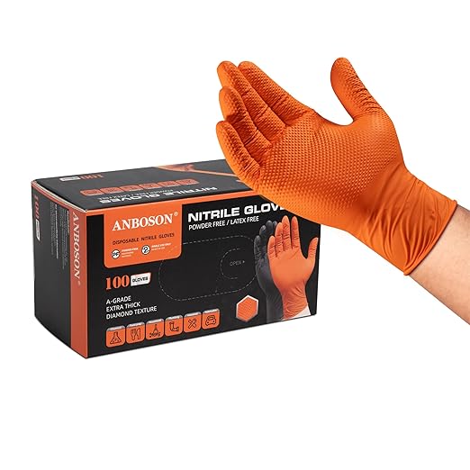 10mil Nitrile-Gloves Disposable-Orange Chemical-Resistant Rubber - Mechanic Gloves Heavy Duty, Latex Free, Diamond Grip (500, X-Large)