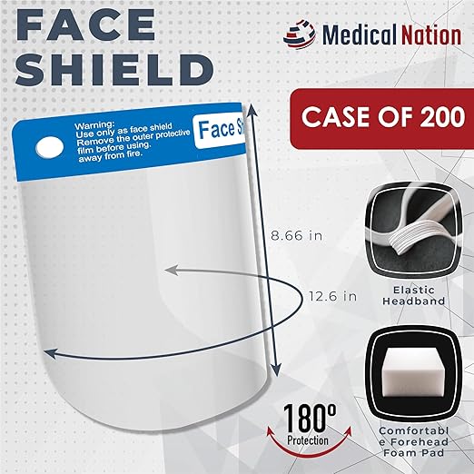 Face Shield | Case of 200 | Clear Plastic Face Shields for Women, Men & Kids, Anti-Fog, Lightweight Reusable Face Shield Mask, Safety Visor Cover with Comfortable Sponge & Elastic Band