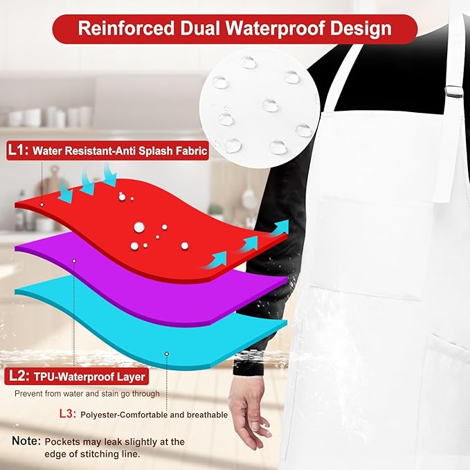 3 Pcs Dual Waterproof Oilproof Kitchen Chef Aprons with 4 Pockets for Men Women, Adjustable Soft Anti-Tear Cooking Bib Apron for Baking Grilling BBQ Painting Cleaning (White)