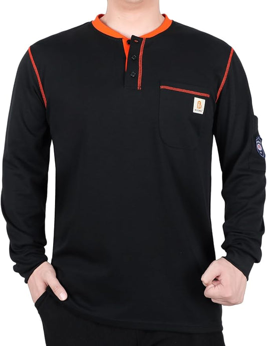 BOCOMAL FR Shirts for Men CAT2 5.5oz Long Sleeve Henley Workwear Flame Resistant Fire Retardant Shirt