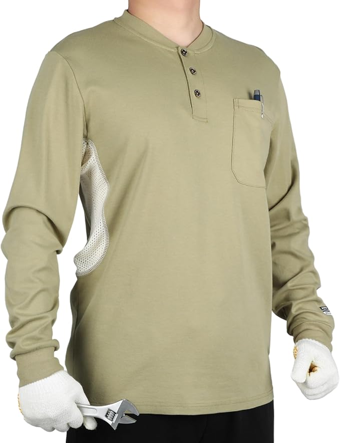 BOCOMAL FR Shirts Summer Vented Mesh Breathable Henley Shirt 5.5oz Flame Resistant CAT2 Work Clothing