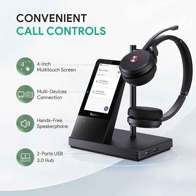 Yealink WH66 Wireless Headset with 4" Screen, DECT Headset for Teams,Zoom Skype Certified,Bluetooth Headsets with 525ft Range,Full-Duplex Speaker,14h Call Time,Office Work Headphone for Desk Phone,PC