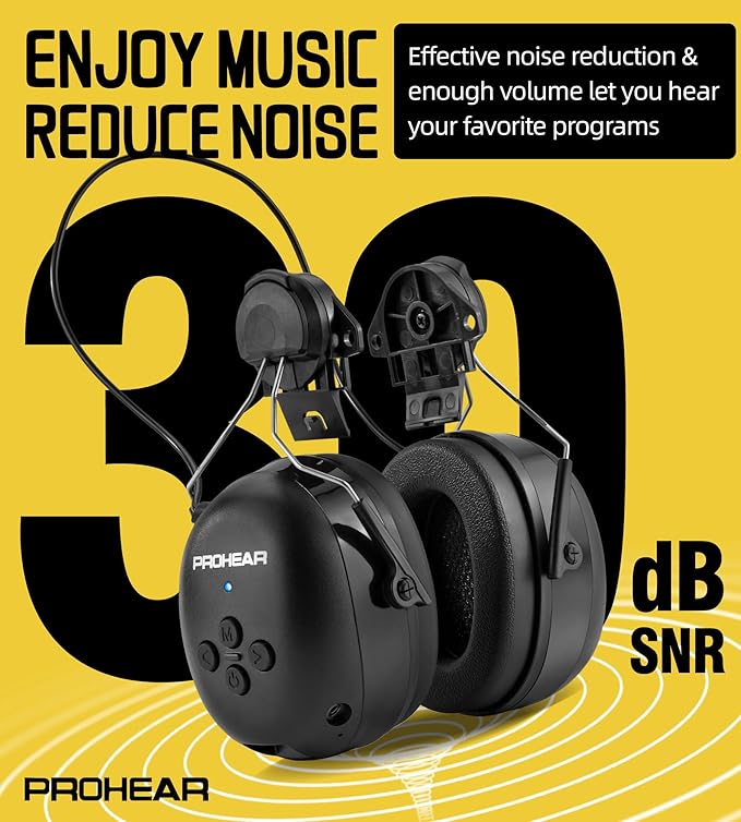 PROHEAR 037BR04 Bluetooth Hearing Protection with Adapter for 3M H-700 Hard Hats/DEWALT Hard Hat, 40H Playtime Safety Headphone for Construction Worker, Mowing - Black