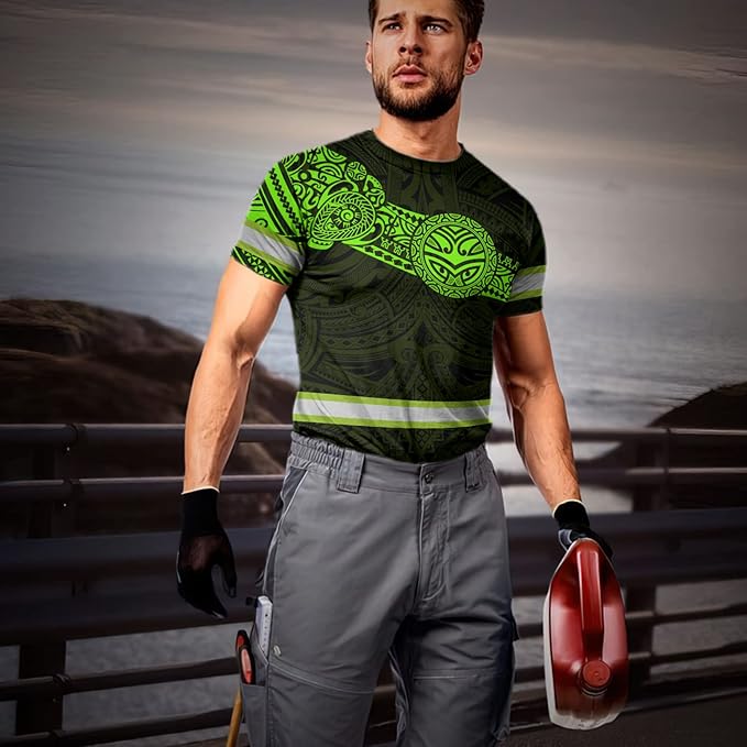 Matedecor Skull High Visibility Shirt Men Reflective Safety Shirts US Flag Custom Name Workwear, Runners, Walkers, Patriotic