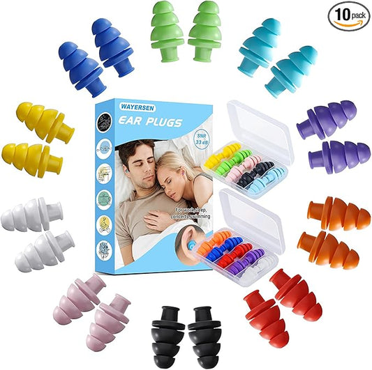 Ear Plugs for Sleeping Noise Cancelling, 10 Pairs Reusable Earplugs for Sleeping, Concert, Snoring, Travel, Work, 10 Colors, 33dB SNR