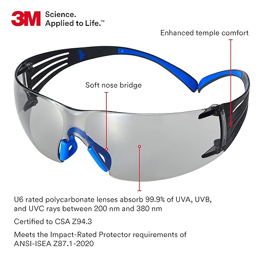 3M Safety Glasses, SecureFit, 20 Pack, ANSI Z87, Indoor/Outdoor, Scotchgard Anti-Fog Anti-Scratch, Gray Lens, Blue/Grey Frame, Flexible Temples