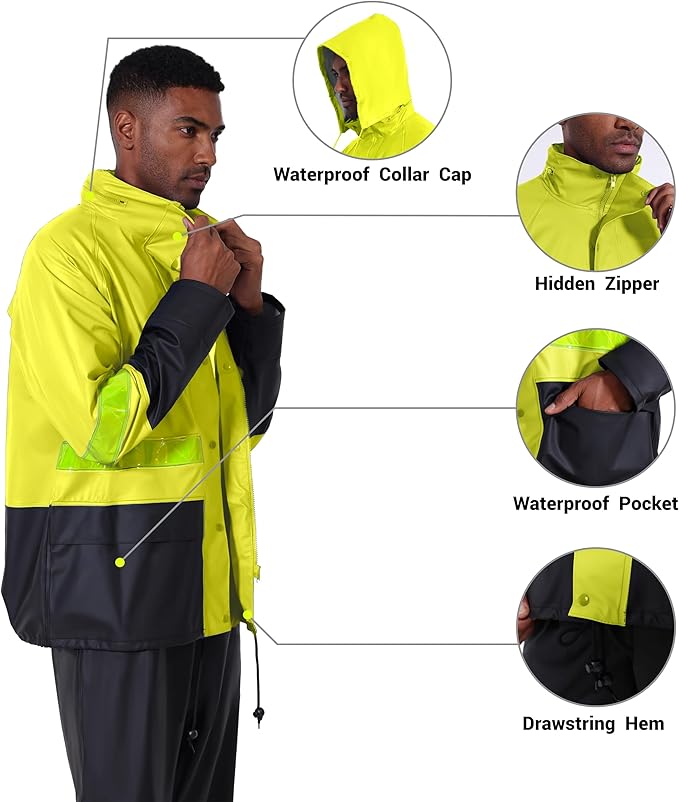 Men's Workwear PRO Rain Suit - Waterproof Jacket and Bib Pants 3-piece Set for Ultimate Safety and Comfort