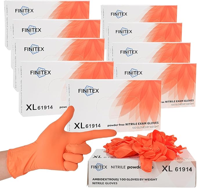FINITEX Nitrile Disposable Gloves - Orange, 3.5mil, 1000PCS, Powder-Free, Cleaning, Medical, Food Gloves
