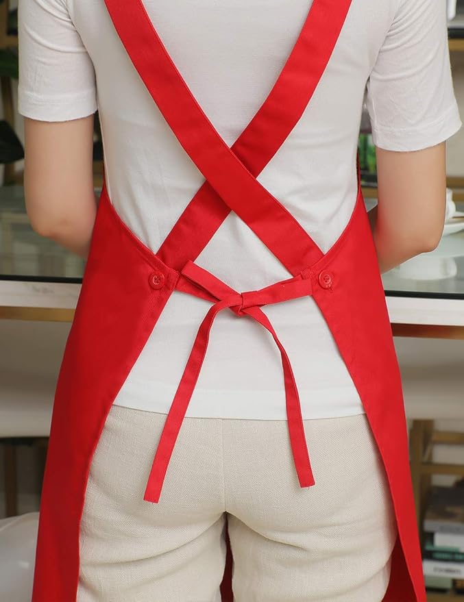 NEWGEM Painting Apron Cross Back with 2 Pockets Cotton for Kids,Adult,Butcher Fits for Grill,bbq,Paint Cross Back Red