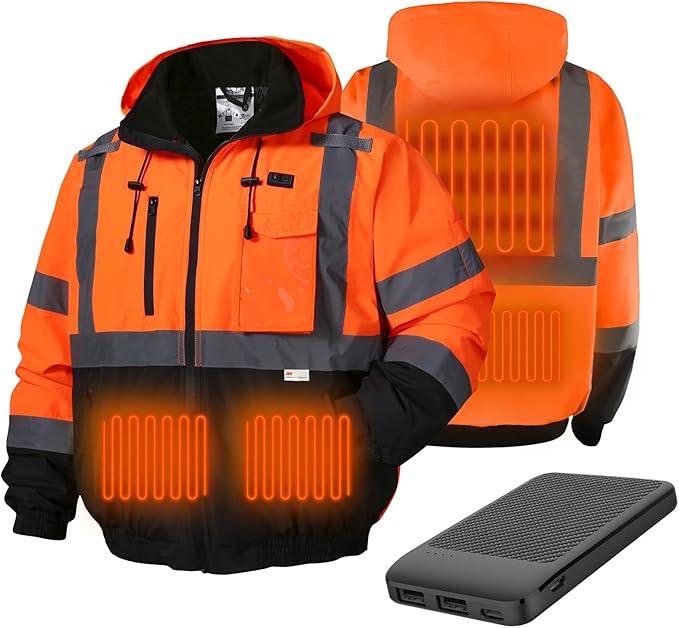SKSAFETY Heated Safety Bomber Jacket, Class 3 Hi-Vis Waterproof Coat, 3M Reflective Tape, Work Construction Coats