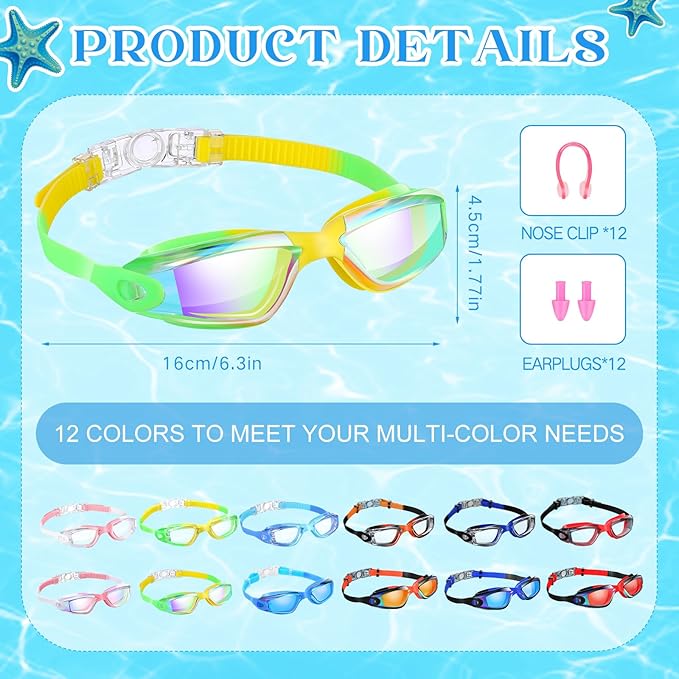 Xuhal 12 Pack Swim Goggles for Adult Anti Fog Swimming Glasses Leak Proof Swim with 12 Waterproof Nose Clips