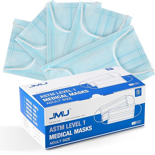 JMU 50pcs 3 Ply Blue Disposable Face Mask, Medical Grade, Comfortable & Breathable Suitable for Protection