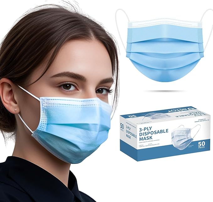 50pcs Blue Disposable Face Mask for Adults Women Men, 3-Ply Solid Blue Breathable Earloop Full Face Protection