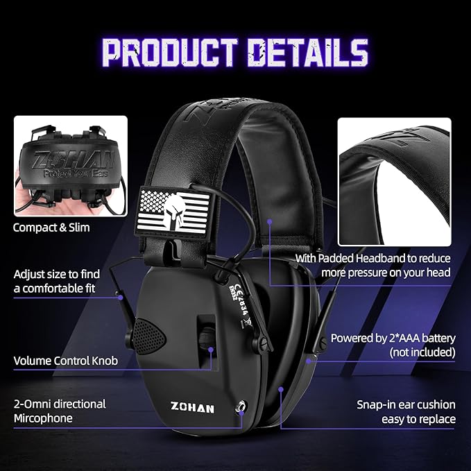 ZOHAN Electronic Shooting Earmuffs, Hearing Protection Shooters, NRR 23dB Noise Reduction Gun Range Ear Protection Headphones