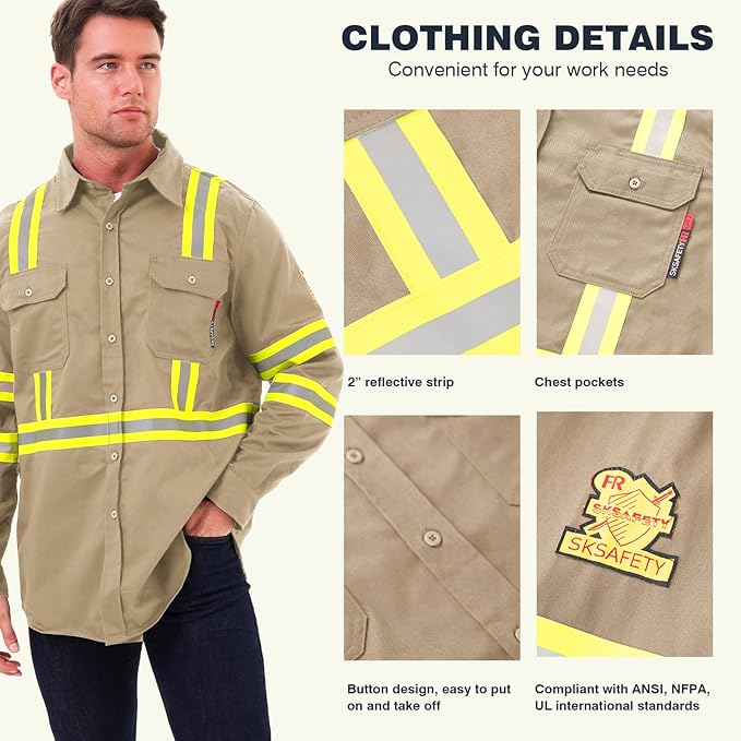 SKSAFETY 7oz FR Shirts for Men, Welding Shirt Hi Vis Flame Resistant 100% Cotton Fire Retardant Longsleeve Shirt CAT2/NFPA
