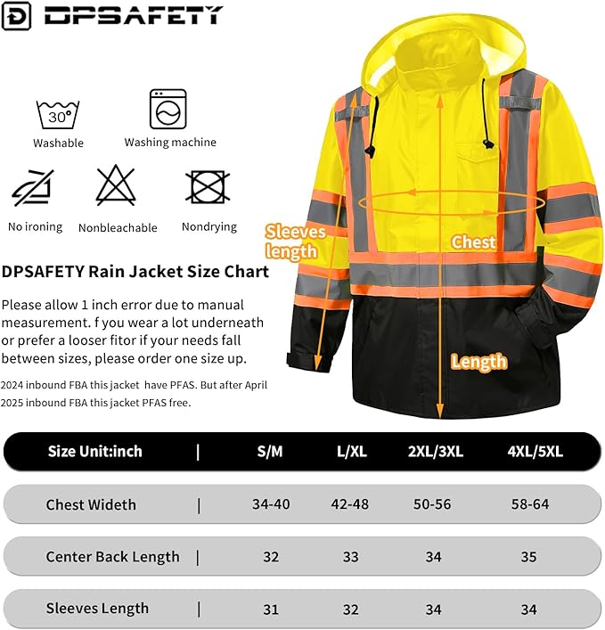 Reflective Rain jackets for men waterproof,Hi Vis Safety Coat With Reflective Strips，High Visibility Class 3 Rain jackets With 2 large pockets，Zipper,Lime,4XL/5XL
