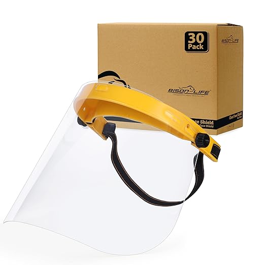 Clear Protective Face Shield Mask with Adjustable Elastic Headband, Polycarbonate Visor, Reusable & Lightweight Full Face Protection, Yellow (Pack of 30)