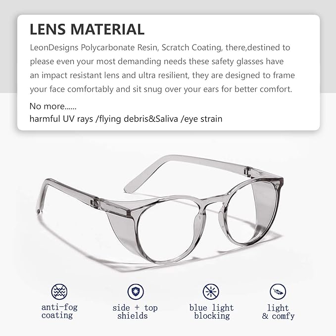 Anti-Fog Stylish Round Safety Glasses Side Shields | UV Eye Protection HD Blue Light Blocking Glasses | Comfortable Clear Lab Goggles for Men and Wome (Black)