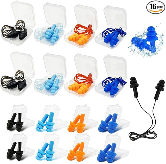 Silicone Ear Plugs for Sleeping,16 Pairs Soft Waterproof Noise Canceling Reduction Earplugs Waterproof Reusable Sound Blocking Earplugs for Concert,Swimming,Study,Loud Noise,Snoring (Dark)
