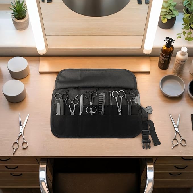 Under NY Sky Salon Scissors Roll Up Holder – Professional Oxford Canvas Pouch Case for Hair Stylists, Barbers & Hairdressers – Portable Storage Organizer for Hair Cutting Shears & Salon Tools - Black