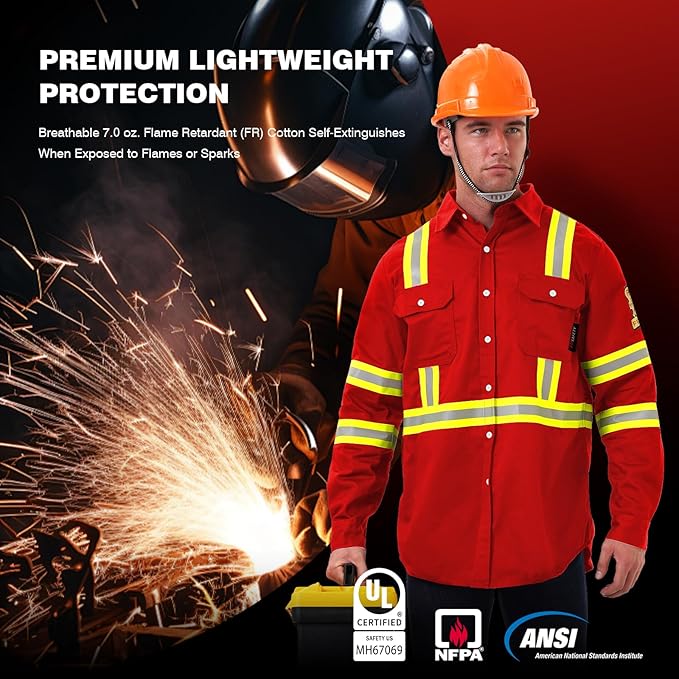 SKSAFETY 7oz FR Shirts for Men, Welding Shirt Hi Vis Flame Resistant 100% Cotton Fire Retardant Longsleeve Shirt CAT2/NFPA