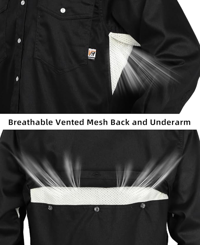 VATRENUS FR Shirts for Summer Pearl Snaps Breathable Vented Mesh Back and Underarm Lightweight Flame Resistant Welding Shirt