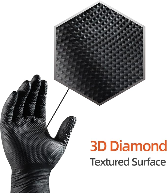 10 Mil Nitrile Disposable Gloves Heavy Duty Mechanic Gloves Raised Diamond Texture Thick (Black of 1000, Large)