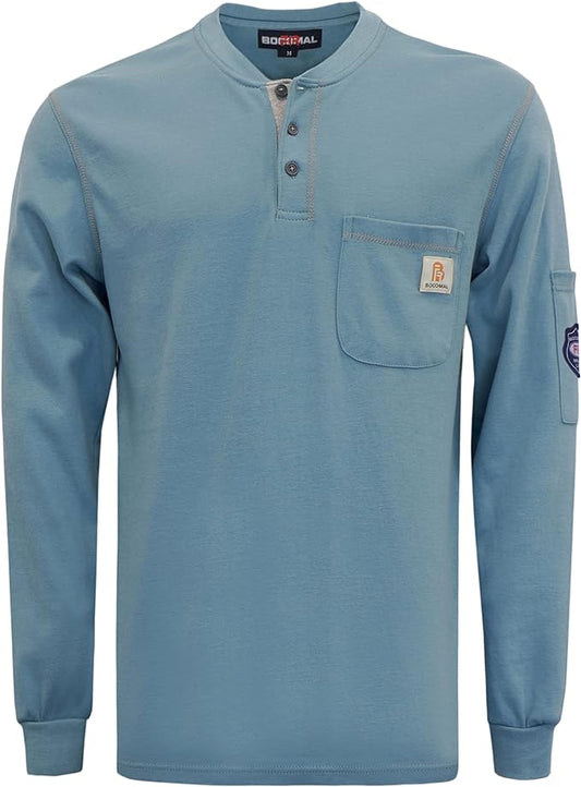 BOCOMAL FR Shirts Flame Resistant Henley Shirt NFPA2112/CAT2 7oz Men's Long Sleeve Fire Retardant Clothing