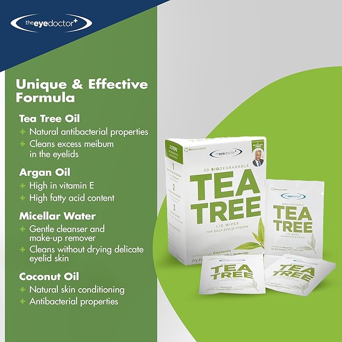 The Eye Doctor Tea Tree Oil Eyelid Wipes x80- - Eyelid Wipes For Blepharitis, MGD, Dry Eye & Demodex - Eyelid Cleanser - Lid Scrub For Eyes - Eyelid Scrub