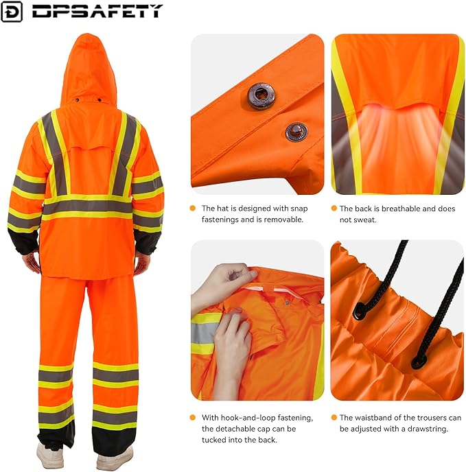 Hi Vis Safety rain Jacket，Reflective Class 3 Rain coat with Inner Mesh Lining and Pockets High Visibility Waterproof work Rain Suits for men&women（Orange,4XL/5XL）