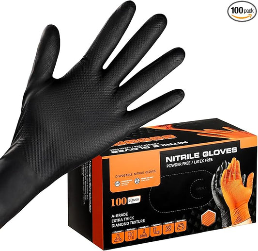 8 Mil Nitrile Gloves for Work, 100 PCS Chemical Resistant Black Disposable Mechanic Gloves for Men & Women Working, Cooking, Cleaning, Gardening, Medium, Heavy Duty, Latex Free