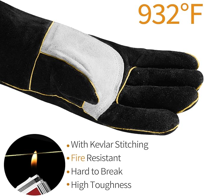 Leather MIG Welding Gloves with Reinforced Palm, Kevlar Stitching, Heat Fire Resistant for Welding/Grilling/BBQ