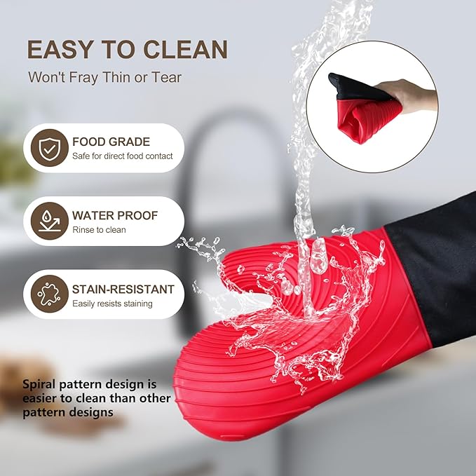 Silicone Oven Mitts-13.6 in Extended Oven Mitts Heat Resistant 500F, Oven Gloves with Soft Liner Good Grippy BPA-Free Easy to Clean Flexible-Oven Mits Set for Cooking Baking Grilling BBQ