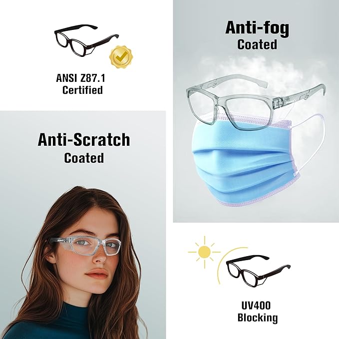 ProtectX Stylish Anti-Fog & Scratch-Resistant Safety Glasses, UV Protection Goggles, Anti-Impact Lightweight Glasses for Men＆Women Charcoal Clear - 6 Pack